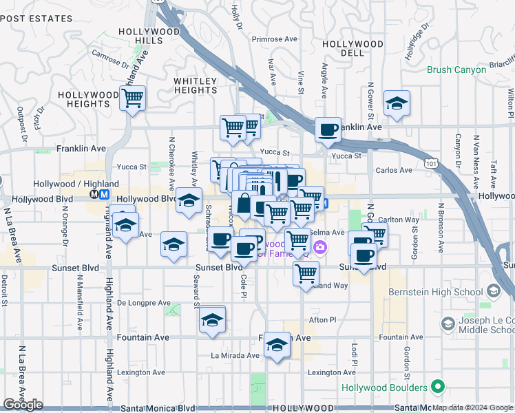 map of restaurants, bars, coffee shops, grocery stores, and more near 2700 Cahuenga Boulevard in Los Angeles