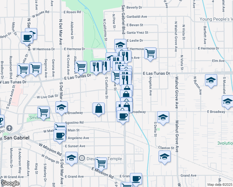 map of restaurants, bars, coffee shops, grocery stores, and more near 215 South San Gabriel Boulevard in San Gabriel