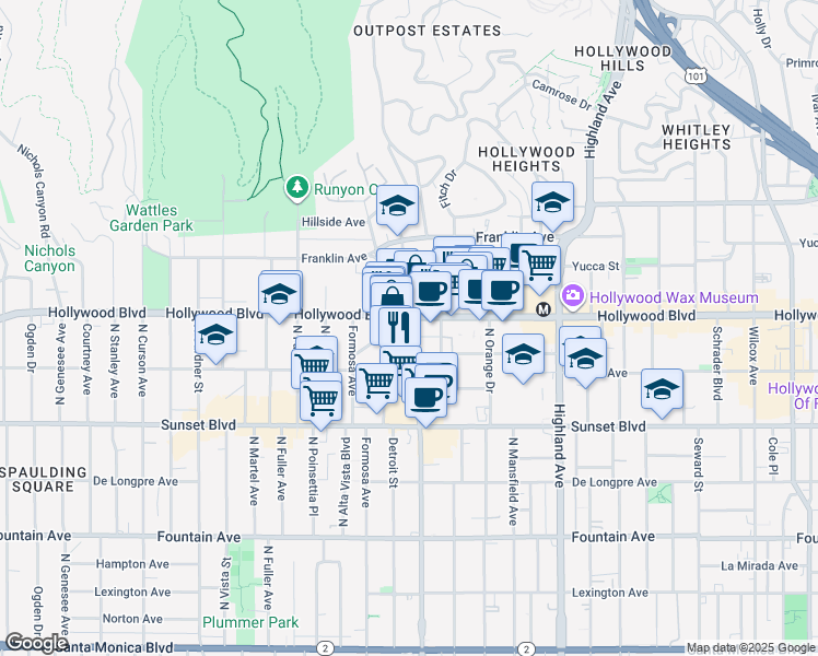 map of restaurants, bars, coffee shops, grocery stores, and more near 7060 Hollywood Boulevard in Los Angeles