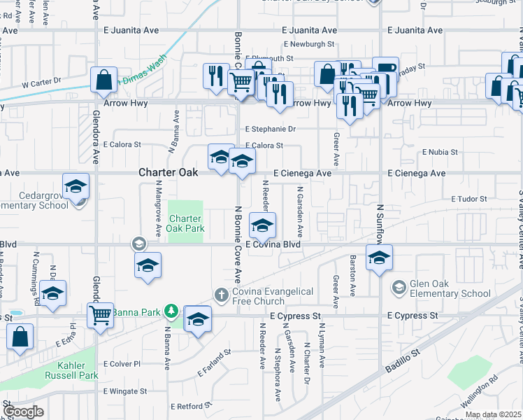 map of restaurants, bars, coffee shops, grocery stores, and more near 1177 North Reeder Avenue in Covina