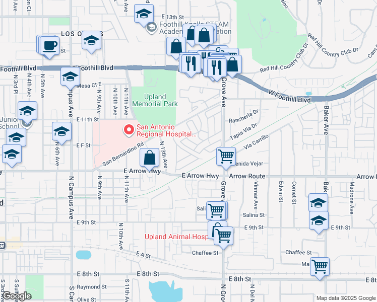map of restaurants, bars, coffee shops, grocery stores, and more near 1320 San Bernardino Road in Upland