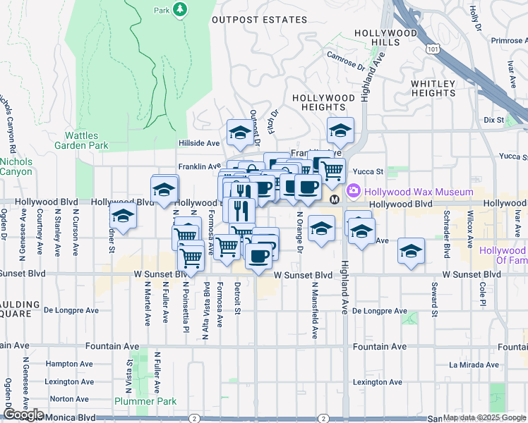 map of restaurants, bars, coffee shops, grocery stores, and more near 7060 Hollywood Boulevard in Los Angeles