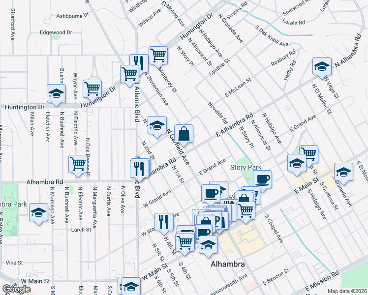 map of restaurants, bars, coffee shops, grocery stores, and more near 610 North Garfield Avenue in Alhambra