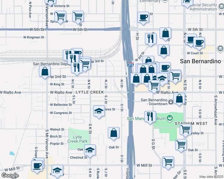 map of restaurants, bars, coffee shops, grocery stores, and more near 980 W Rialto Ave in San Bernardino