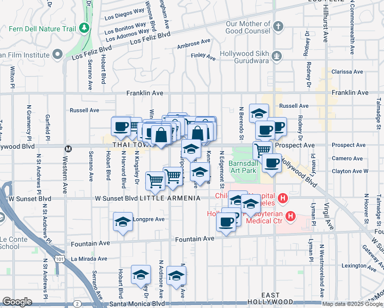 map of restaurants, bars, coffee shops, grocery stores, and more near 1641 North Alexandria Avenue in Los Angeles