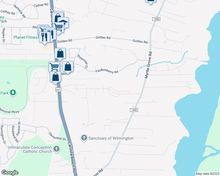 map of restaurants, bars, coffee shops, grocery stores, and more near 737 Myrtle Landing Place in Wilmington