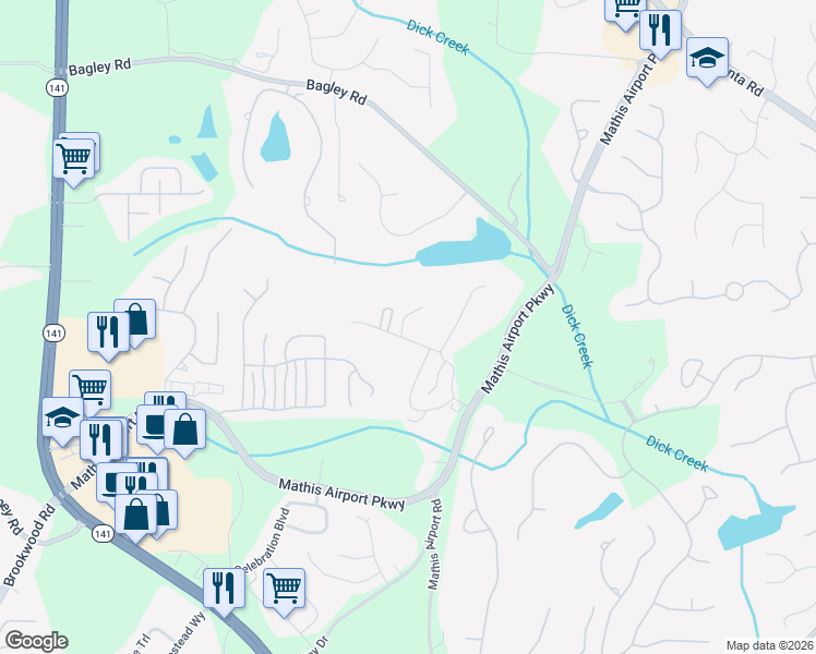 map of restaurants, bars, coffee shops, grocery stores, and more near 3825 Mathis Airpark Road in Suwanee