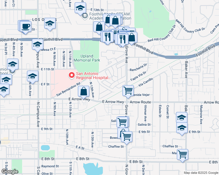 map of restaurants, bars, coffee shops, grocery stores, and more near Fife Avenue in Upland