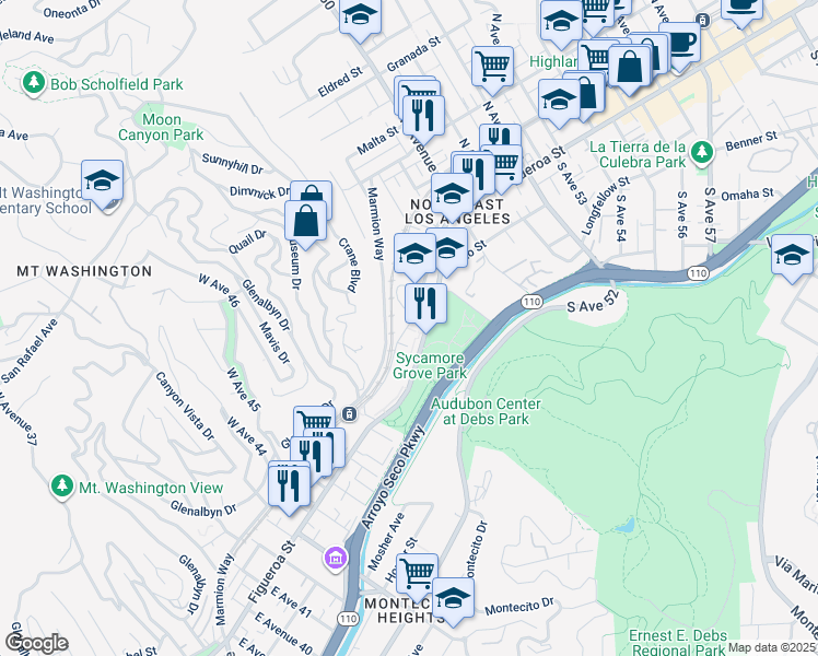 map of restaurants, bars, coffee shops, grocery stores, and more near 4733 Woodside Drive in Los Angeles