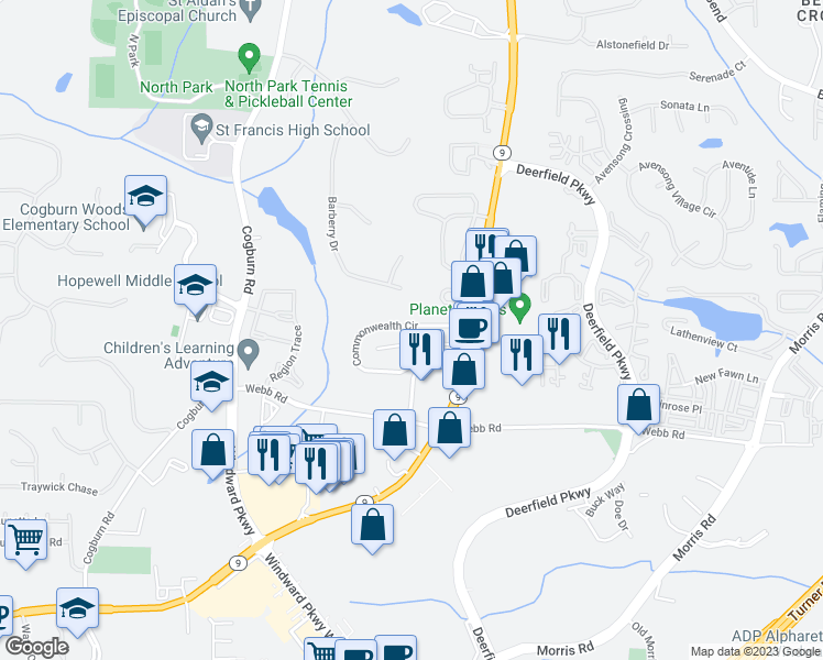map of restaurants, bars, coffee shops, grocery stores, and more near 2967 Commonwealth Circle in Alpharetta
