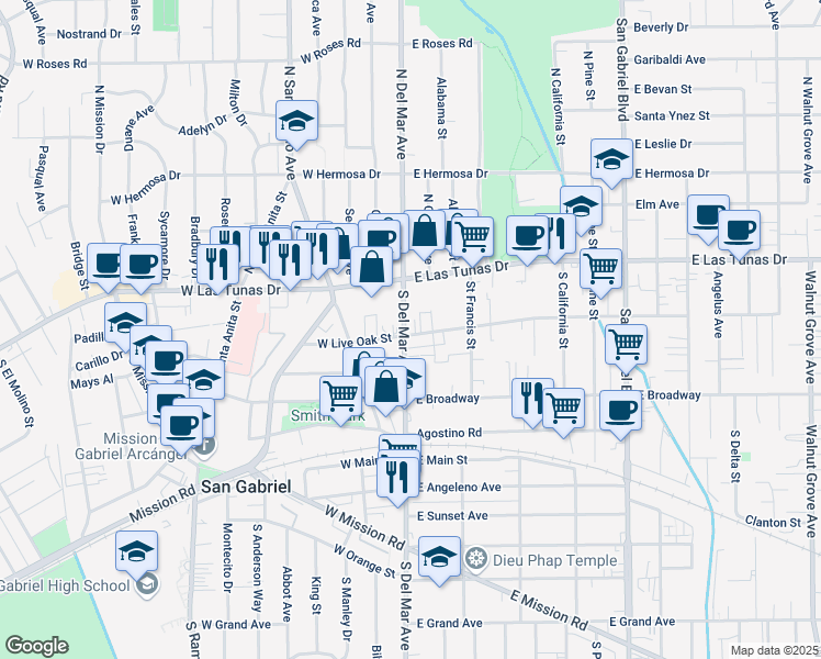 map of restaurants, bars, coffee shops, grocery stores, and more near 146 South Del Mar Avenue in San Gabriel