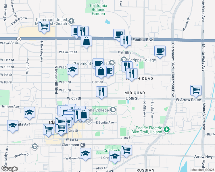 map of restaurants, bars, coffee shops, grocery stores, and more near 700 North College Way in Claremont