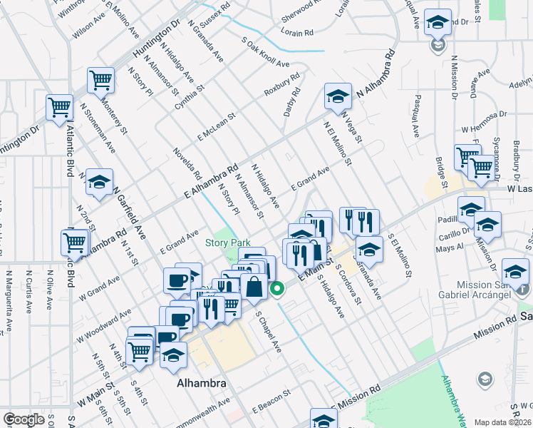 map of restaurants, bars, coffee shops, grocery stores, and more near 228 North Almansor Street in Alhambra