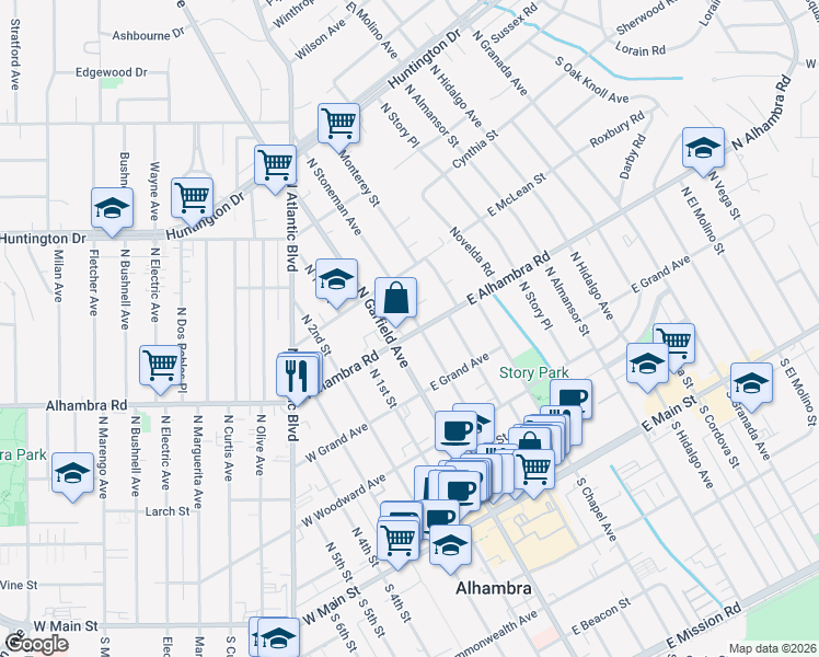 map of restaurants, bars, coffee shops, grocery stores, and more near 601 North Stoneman Avenue in Alhambra