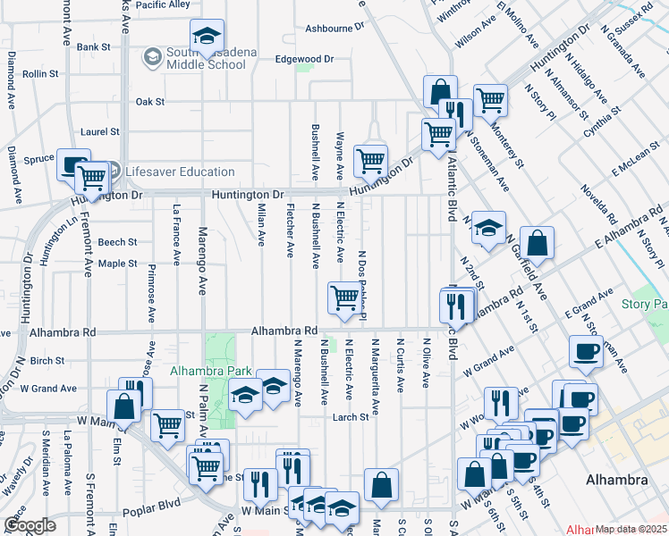 map of restaurants, bars, coffee shops, grocery stores, and more near 801 North Electric Avenue in Alhambra