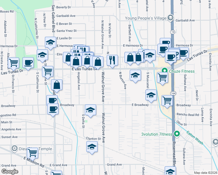 map of restaurants, bars, coffee shops, grocery stores, and more near 5770 Walnut Grove Avenue in San Gabriel