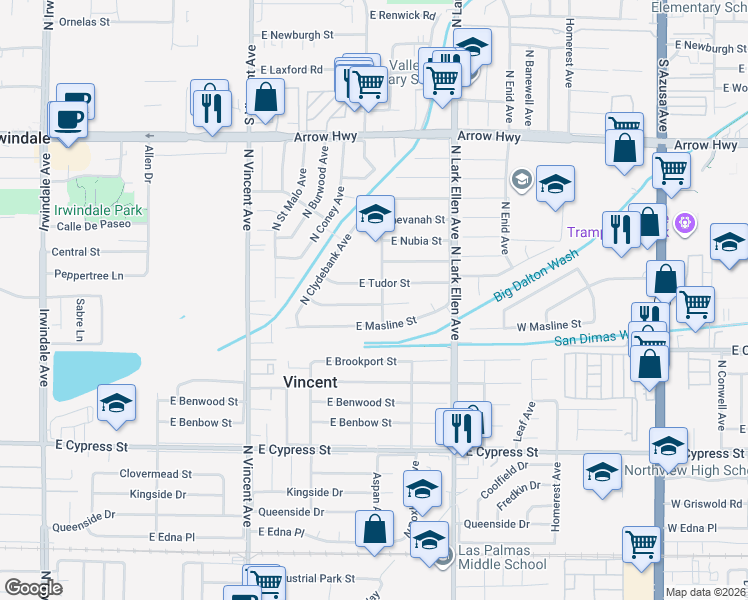 map of restaurants, bars, coffee shops, grocery stores, and more near 16689 East Greenhaven Street in Covina