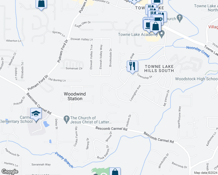 map of restaurants, bars, coffee shops, grocery stores, and more near 2079 Township Drive in Woodstock