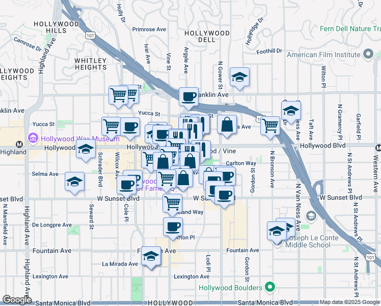 map of restaurants, bars, coffee shops, grocery stores, and more near in Los Angeles