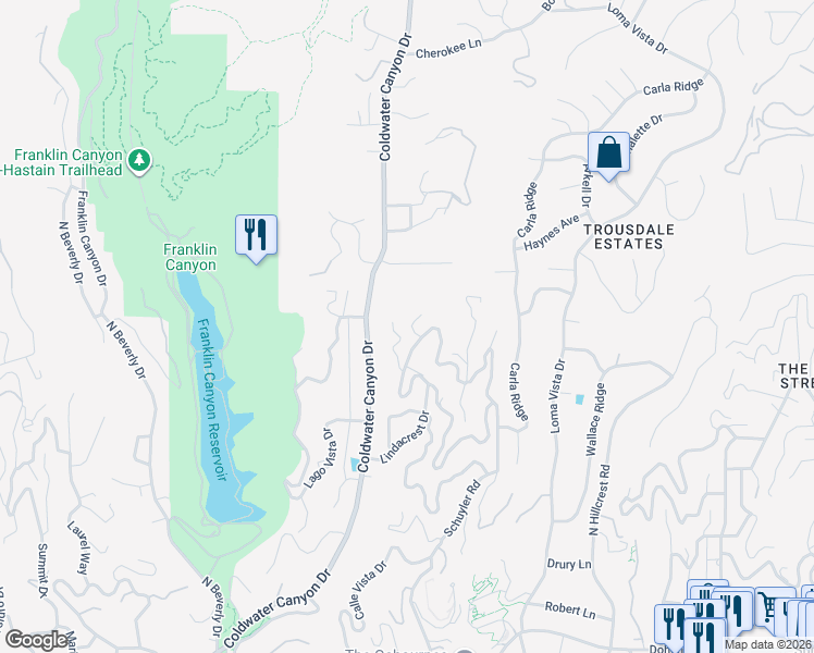 map of restaurants, bars, coffee shops, grocery stores, and more near 1667 Waynecrest Drive in Beverly Hills