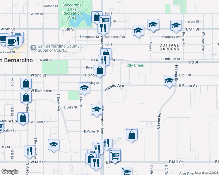map of restaurants, bars, coffee shops, grocery stores, and more near 369 East Rialto Avenue in San Bernardino