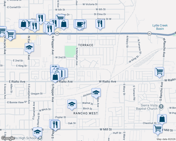 map of restaurants, bars, coffee shops, grocery stores, and more near 2578 West Rialto Avenue in San Bernardino