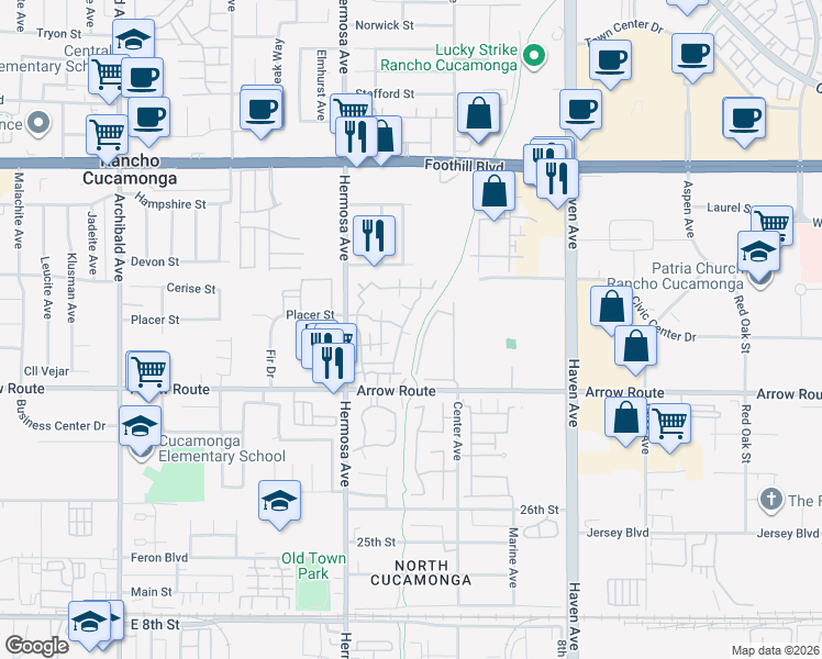map of restaurants, bars, coffee shops, grocery stores, and more near 10244 Arrow Route in Rancho Cucamonga