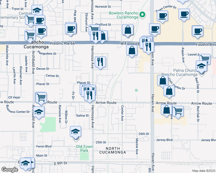 map of restaurants, bars, coffee shops, grocery stores, and more near 10244 Arrow Route in Rancho Cucamonga