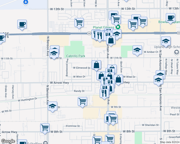map of restaurants, bars, coffee shops, grocery stores, and more near 587 West Winn Drive in Upland