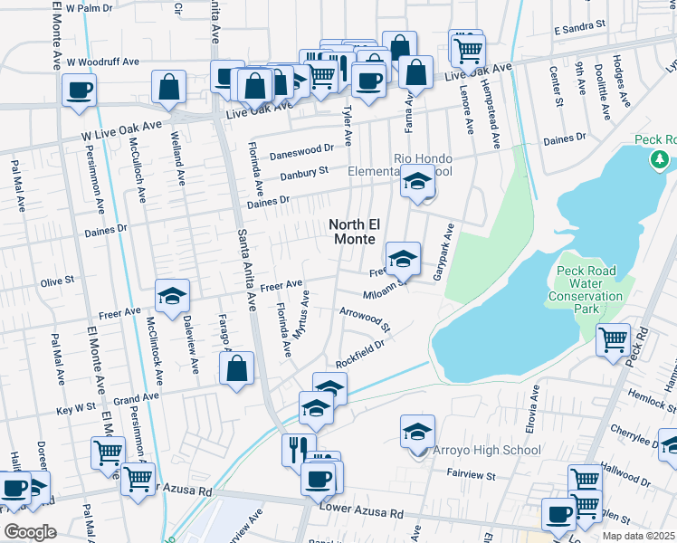 map of restaurants, bars, coffee shops, grocery stores, and more near 11212 Freer Avenue in Arcadia