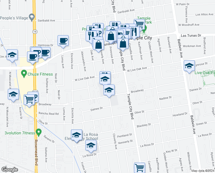 map of restaurants, bars, coffee shops, grocery stores, and more near 9516 Bogue Street in Temple City