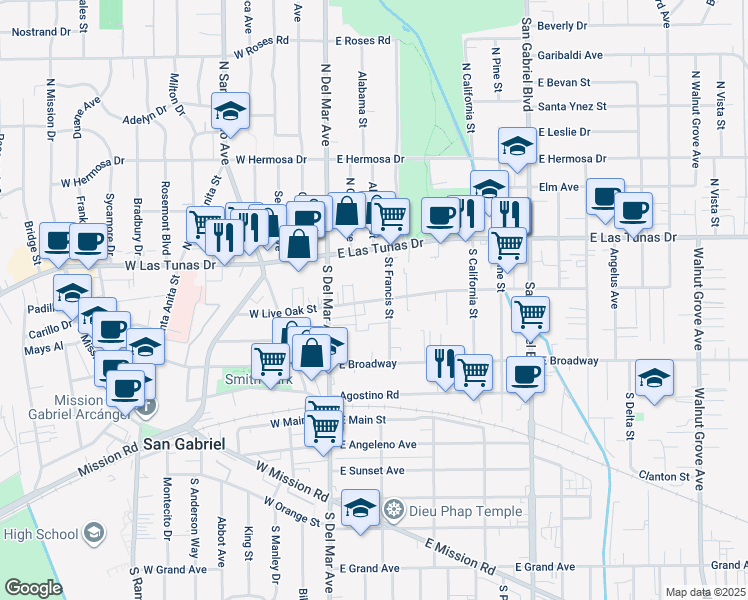 map of restaurants, bars, coffee shops, grocery stores, and more near 202 East Live Oak Street in San Gabriel