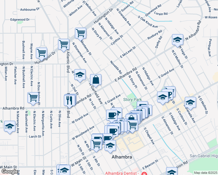map of restaurants, bars, coffee shops, grocery stores, and more near 424 North Monterey Street in Alhambra