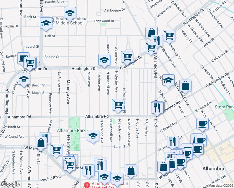 map of restaurants, bars, coffee shops, grocery stores, and more near 728 North Electric Avenue in Alhambra