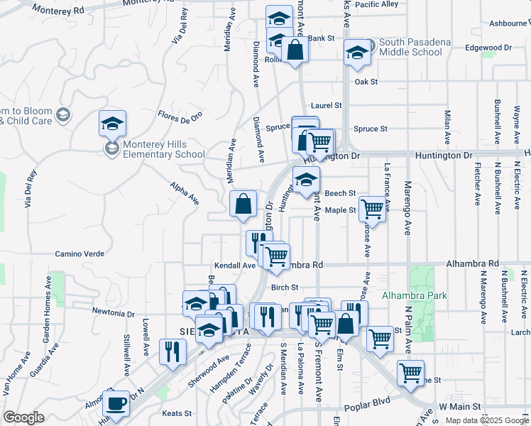 map of restaurants, bars, coffee shops, grocery stores, and more near 1159 Huntington Drive in South Pasadena