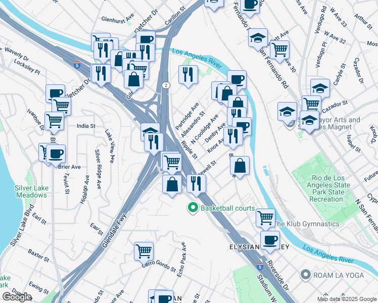 map of restaurants, bars, coffee shops, grocery stores, and more near 2794 North Coolidge Avenue in Los Angeles