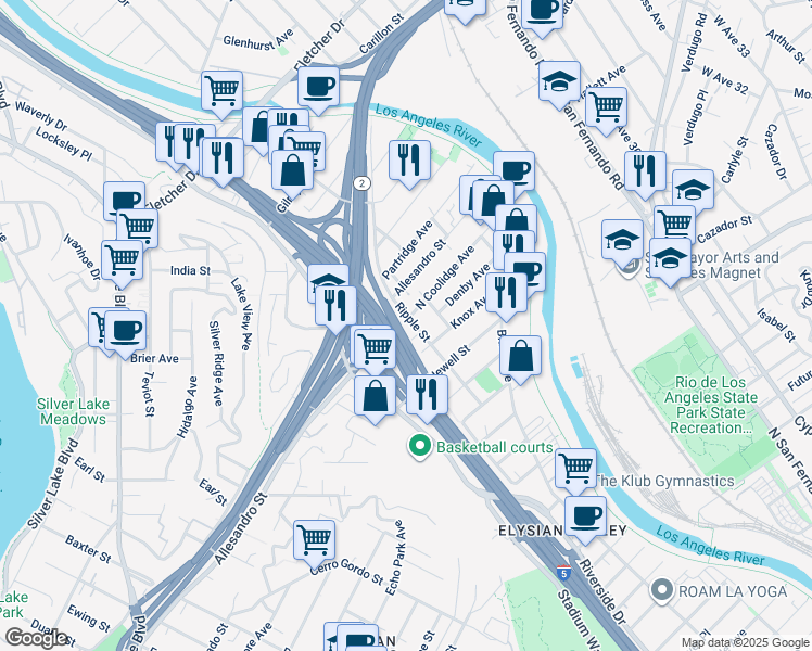map of restaurants, bars, coffee shops, grocery stores, and more near 2794 North Coolidge Avenue in Los Angeles