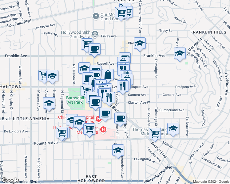 map of restaurants, bars, coffee shops, grocery stores, and more near 1639 Lyman Place in Los Angeles