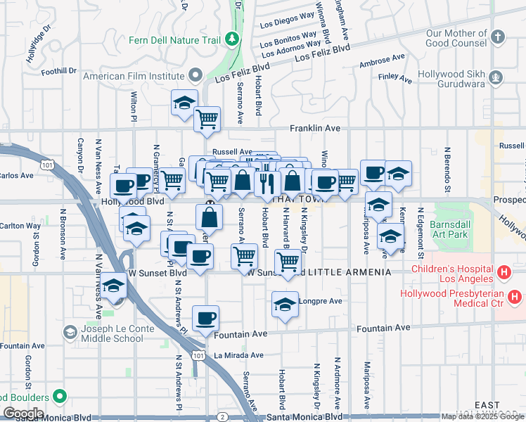 map of restaurants, bars, coffee shops, grocery stores, and more near 1635 North Hobart Boulevard in Los Angeles