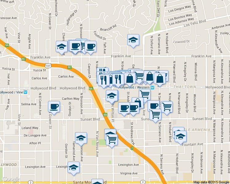 map of restaurants, bars, coffee shops, grocery stores, and more near 5705 Carlton Way in Los Angeles