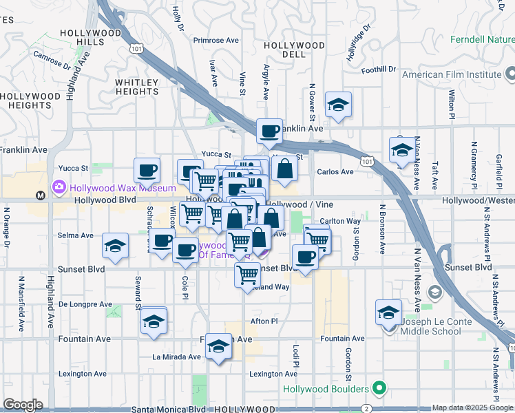 map of restaurants, bars, coffee shops, grocery stores, and more near in Los Angeles