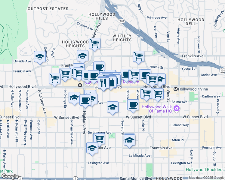 map of restaurants, bars, coffee shops, grocery stores, and more near 6633 Hollywood Boulevard in Los Angeles