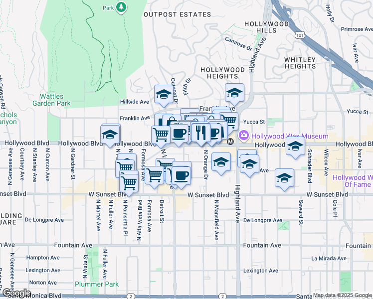 map of restaurants, bars, coffee shops, grocery stores, and more near 7000 Hollywood Boulevard in Los Angeles