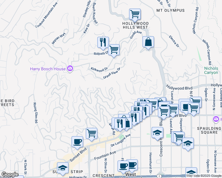 map of restaurants, bars, coffee shops, grocery stores, and more near 1700 Hillside Way in Los Angeles