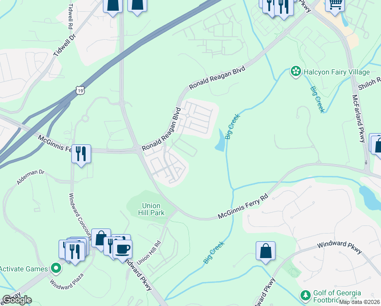 map of restaurants, bars, coffee shops, grocery stores, and more near 7980 Willoughby Court in Alpharetta