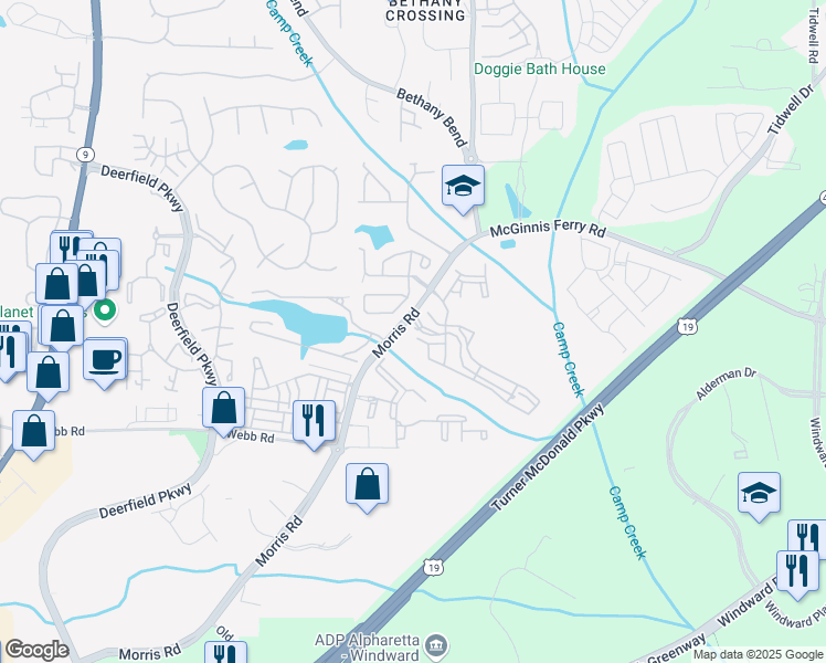 map of restaurants, bars, coffee shops, grocery stores, and more near 13125 Morris Road in Milton