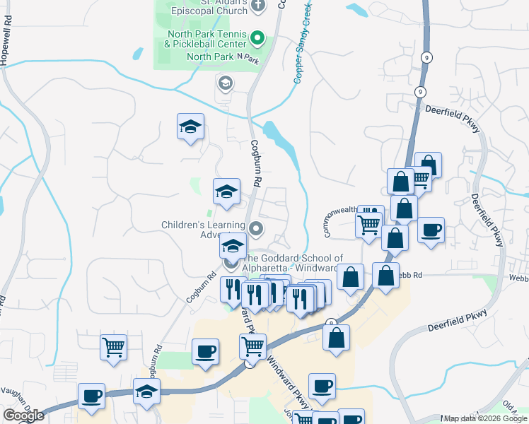 map of restaurants, bars, coffee shops, grocery stores, and more near in Alpharetta