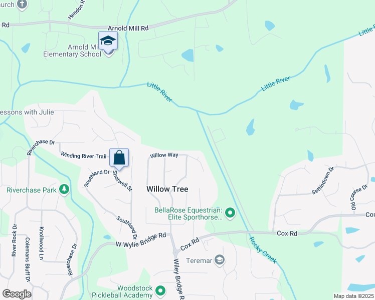 map of restaurants, bars, coffee shops, grocery stores, and more near 1667 Willow Way in Woodstock