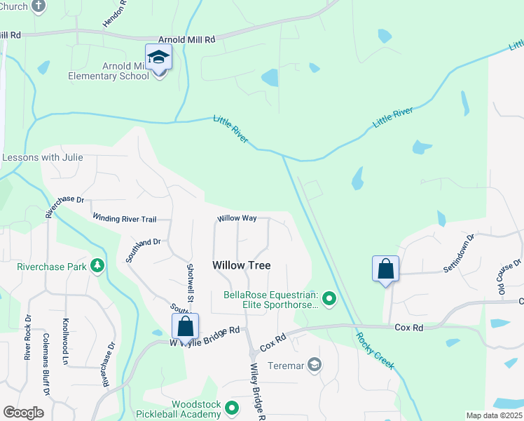 map of restaurants, bars, coffee shops, grocery stores, and more near 1663 Willow Way in Woodstock