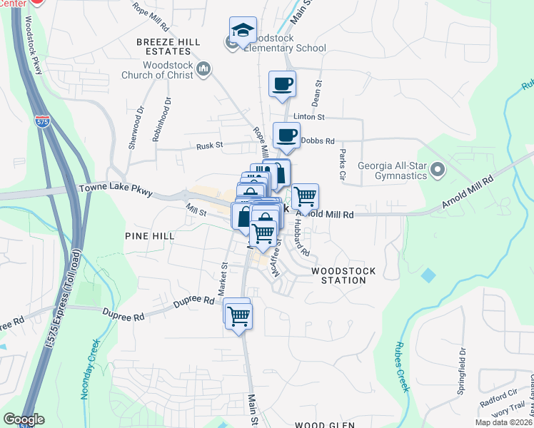 map of restaurants, bars, coffee shops, grocery stores, and more near 0 Arnold Mill Road in Woodstock